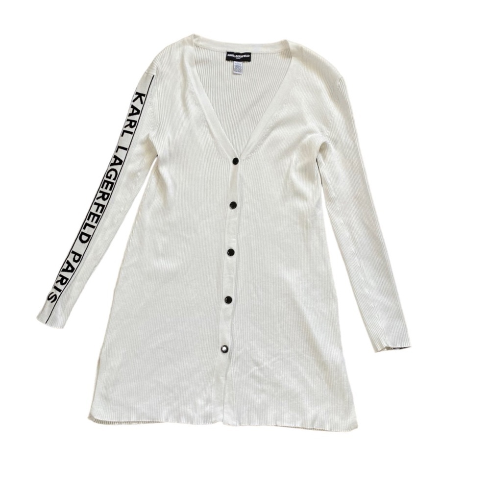 Karl Lagerfeld Paris Long Cardigan Ribbed White/Black Sweater Side Arm Logo XS - Picture 2 of 8